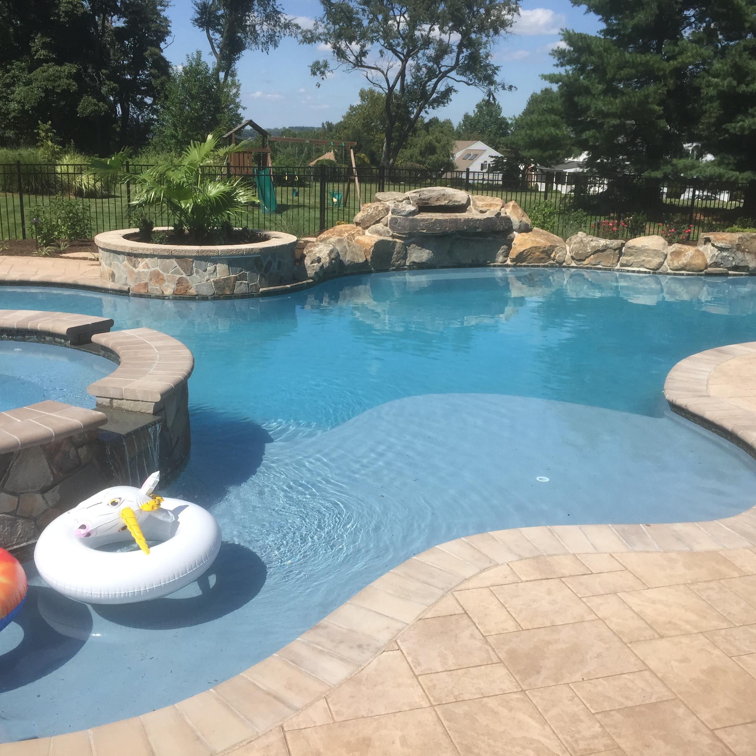 Free-form backyard pool with Belgard paver patio
